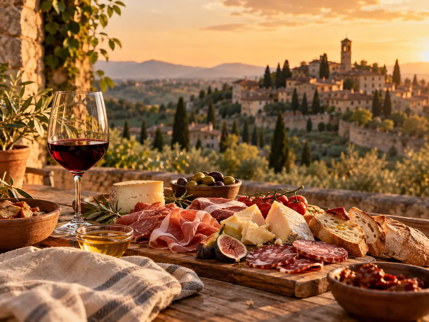 Prodotti tipici italiani e vino su una terrazza panoramica